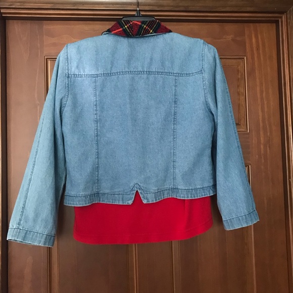 Vintage 80s Cropped Denim Jacket & Top Set, City Girl, Jean Plaid Blazer, Medium - Picture 3 of 16